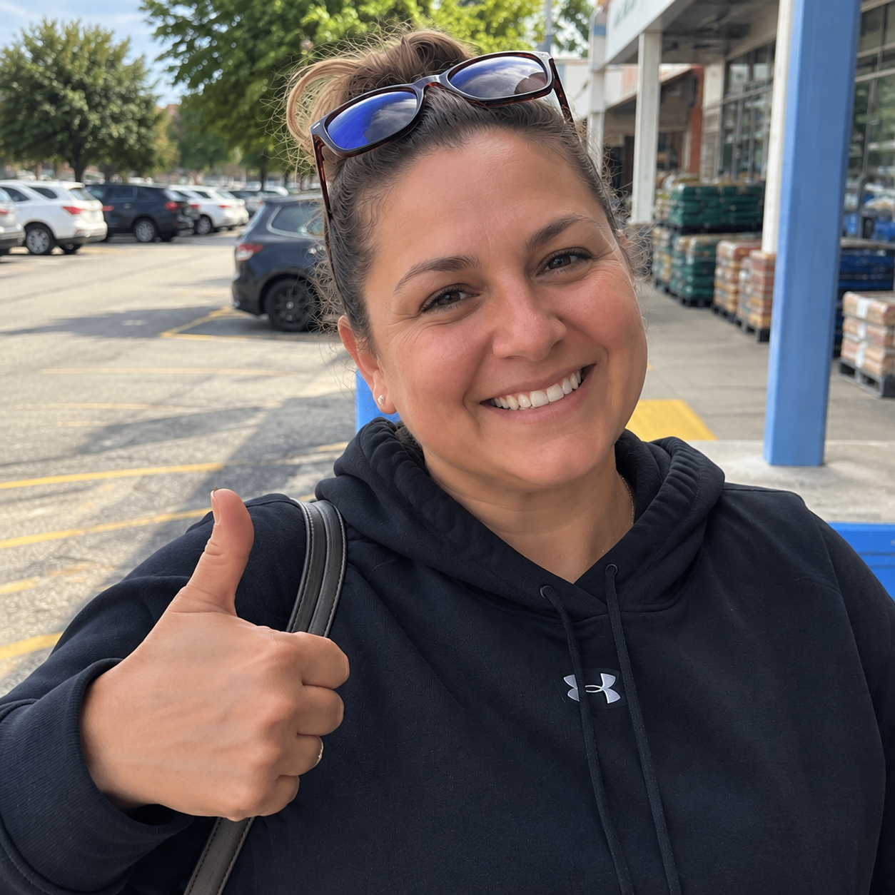 Smiling woman giving a thumbs-up outdoors.
