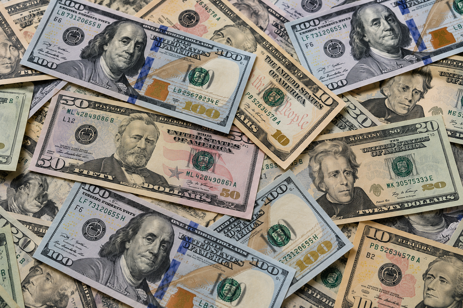 us bills in different denominations spread out flat made with ai
