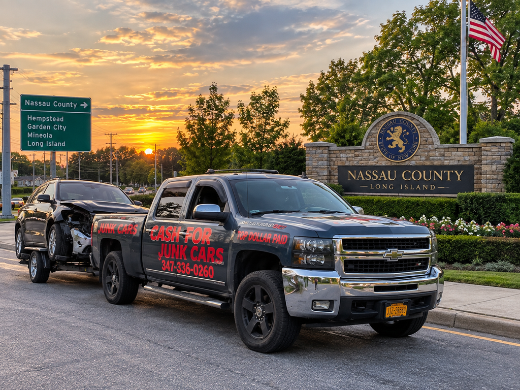 Cash For Junk Cars pickup truck hauling a damaged vehicle beside a Nassau County, Long Island sign.