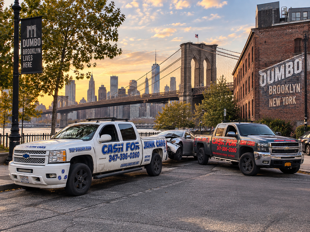 Cash For Junk Cars trucks with the Brooklyn Bridge and Manhattan skyline