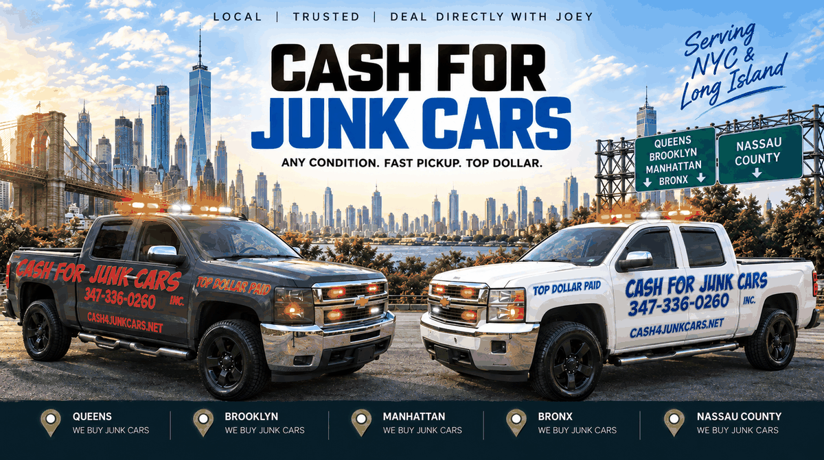 Get your cash offer from Joey at Cash For Junk Cars. Banner showing Joey holding cash beside a branded pickup truck, advertising fast offers, free pickup, and cash on the spot.
