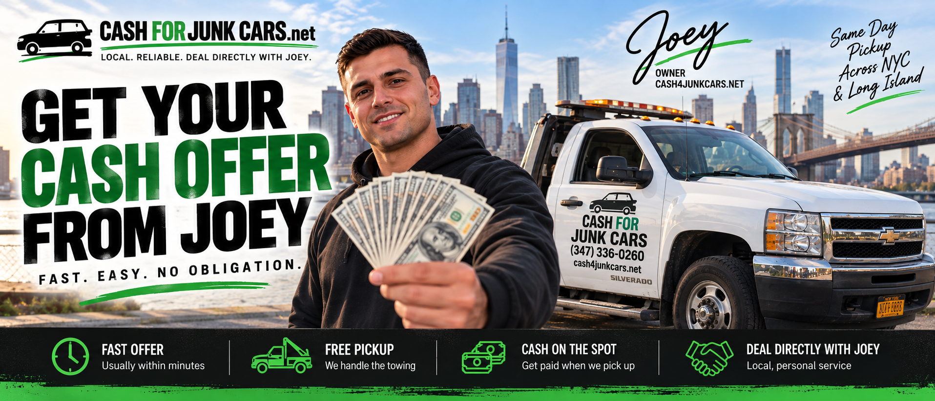 Get your cash offer from Joey at Cash For Junk Cars. Banner showing Joey holding cash beside a branded pickup truck, advertising fast offers, free pickup, and cash on the spot. Copy
