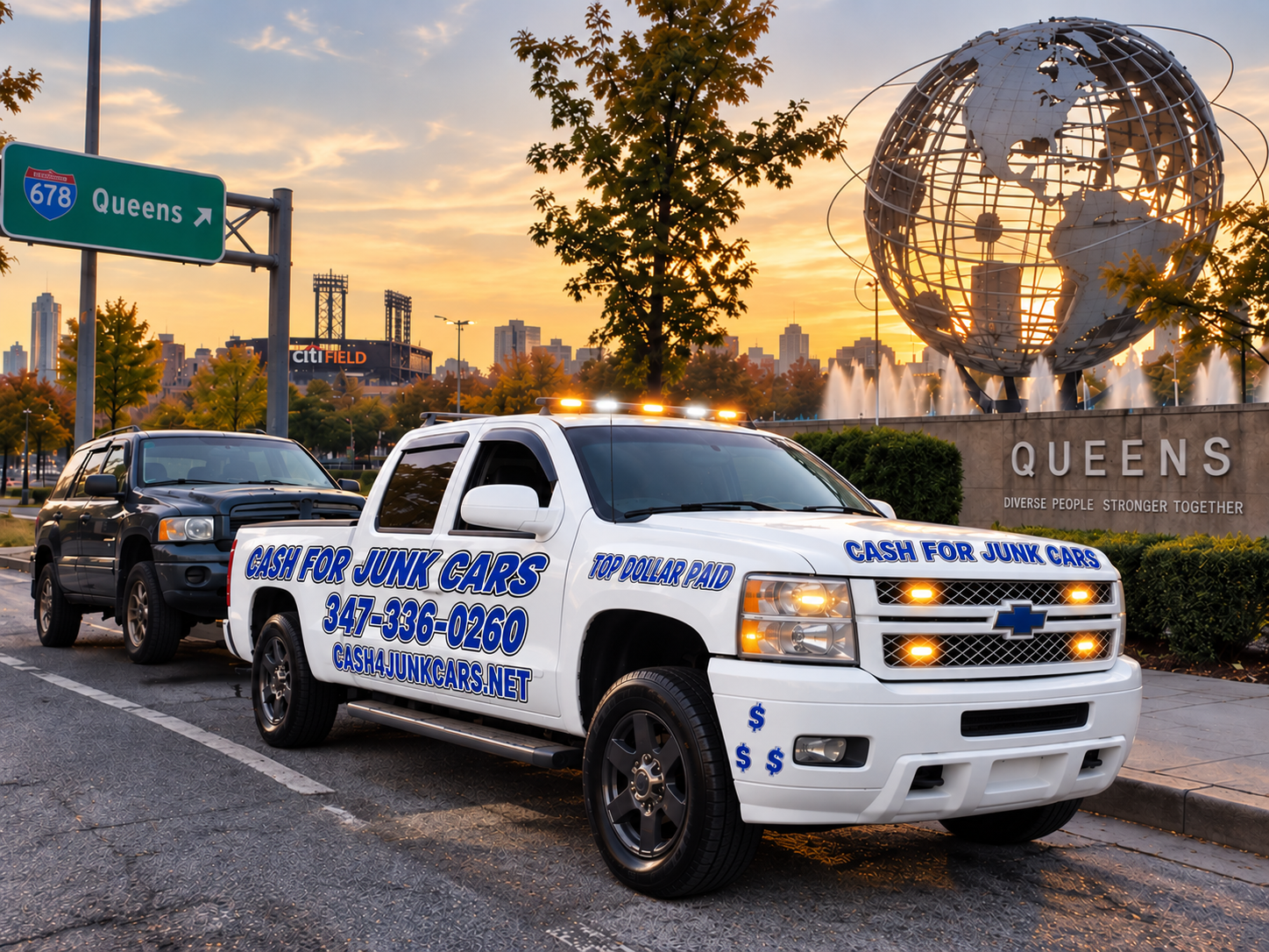 Cash For Junk Cars pickup truck towing a vehicle near the Unisphere in flushing meadows park Queens, New York.