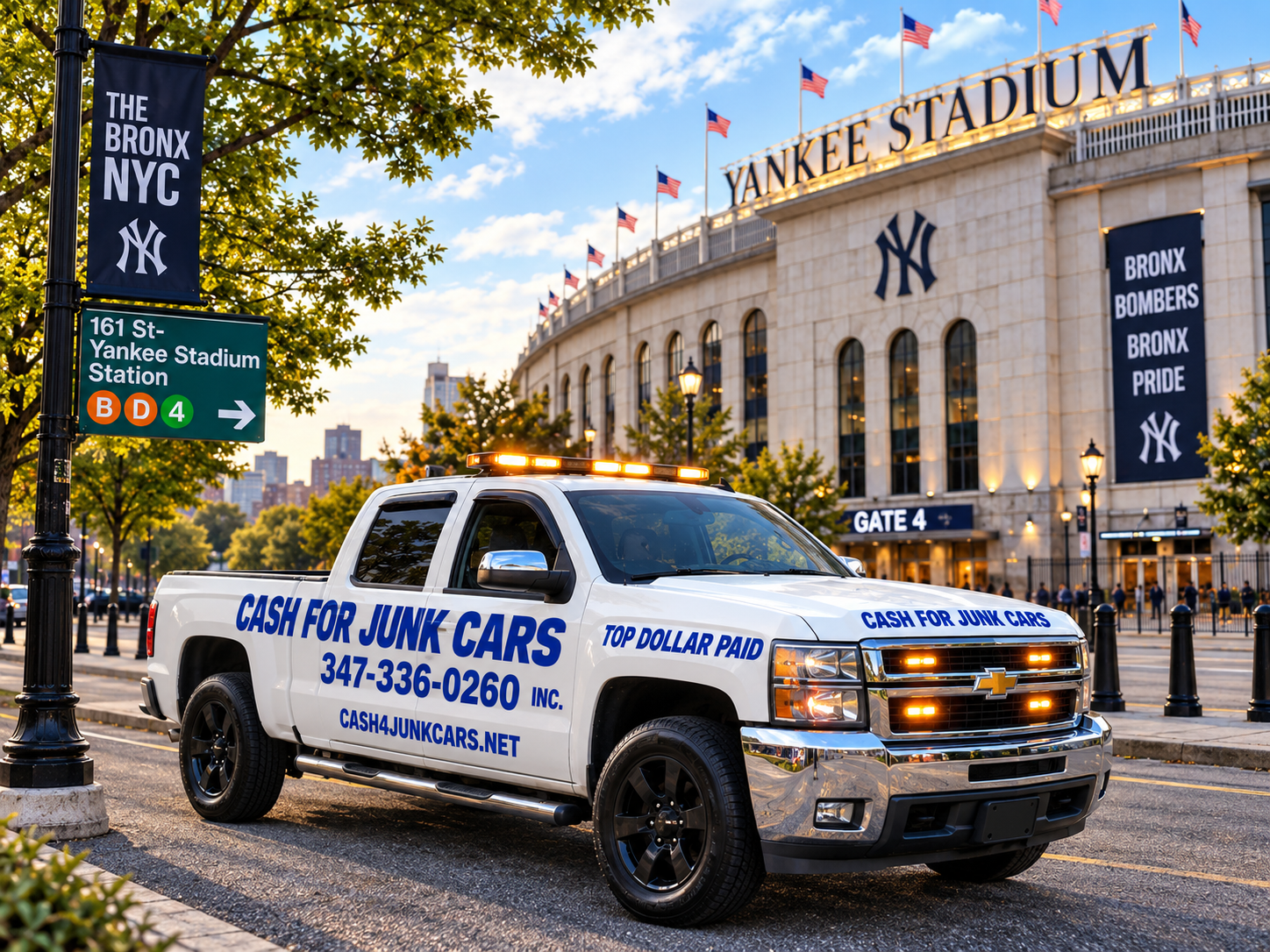 cash for junk cars tow truck with Yankee Stadium in background 